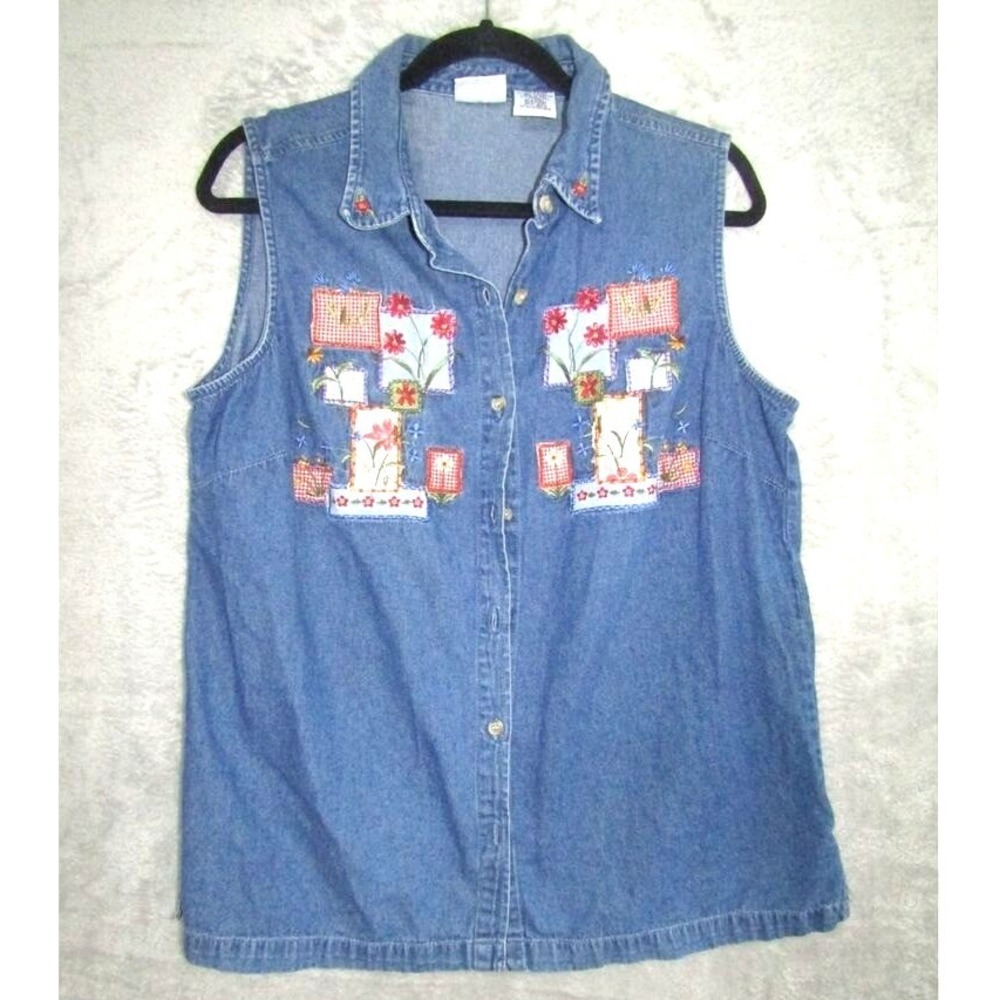 Bobbie Brooks Denim Vest 14W 16W Floral‎ Embroidered Chambray Jean Shirt Y2K